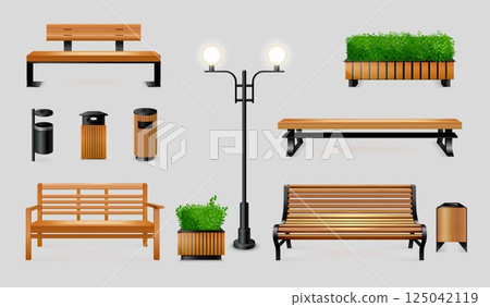 Realistic park elements. City street outdoor furniture, wooden bench lamp post garden bushes trash can urban decorative exterior, wood chair for waiting exact vector illustration Realistic park elements. City street outdoor furniture, wooden bench lamp post garden bushes trash can urban decorative exterior, wood chair for waiting exact vector illustration 125042119