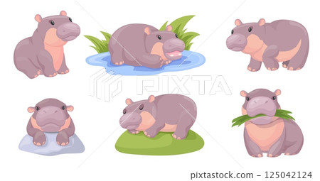 Cartoon baby hippo. Cute pygmy hippopotamus in different poses, standing walking hippos africa savanna zoo kids animals childish hippopotamuses face, set neat vector illustration 125042124