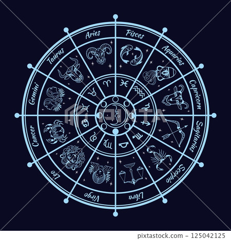 Zodiac astrological wheel. Astrology natal map, constellation circle chart horoscope zodiacal sign star sky background aquarius leo pisces sagittarius, neat vector illustration Zodiac astrological wheel. Astrology natal map, constellation circle chart horoscope zodiacal sign star sky background aquarius leo pisces sagittarius, neat vector illustration 125042125