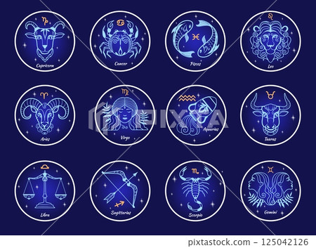 Zodiac signs constellations. Astrology calendar star logo 12 line icons, divination symbol aries gemini taurus leo capricorn aquarius cancer pisces scorpio neat vector illustration 125042126