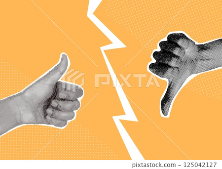 Halftone dislike. Realistic hand with thumbs up or down vintage paper collage abstract poster, social media like dislike gesture good bad ok feedback concept vector illustration 125042127