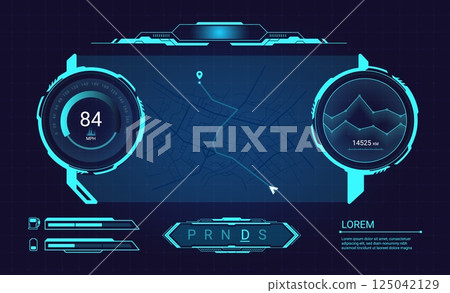 Car dashboard screen. Future vehicle hud digital display, game futuristic interface virtual cockpit control panel speedometer hologram frame with map navigation vector illustration Car dashboard screen. Future vehicle hud digital display, game futuristic interface virtual cockpit control panel speedometer hologram frame with map navigation vector illustration 125042129