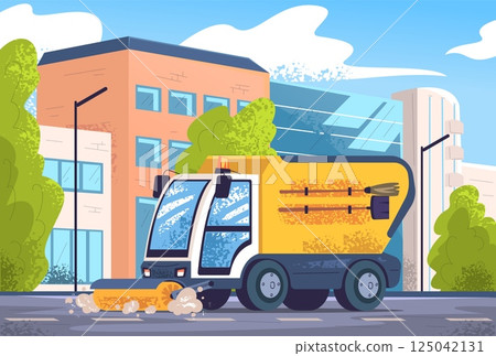 Road sweeper. Street sweepers machines clean wash city dirty asphalt, remove garbage cleaning sanitation truck municipal service urban way landscape classy vector illustration 125042131