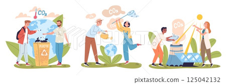 People reduce co2. Reduction dioxide gas emission neutral carbon footprint concept, save eco environment impact of greenhouse pollution, green energy set classy vector illustration People reduce co2. Reduction dioxide gas emission neutral carbon footprint concept, save eco environment impact of greenhouse pollution, green energy set classy vector illustration 125042132