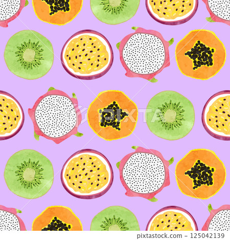 Seamless tropical fruit pattern with kiwi, papaya and passion fruit slices Seamless tropical fruit pattern with kiwi, papaya and passion fruit slices 125042139