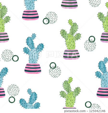 Seamless watercolor cactus in pot pattern. Cute cacti vector print Seamless watercolor cactus in pot pattern. Cute cacti vector print 125042146