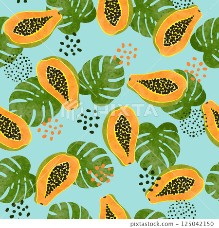 Tropical pattern with watercolor papaya and palm leaves 125042150