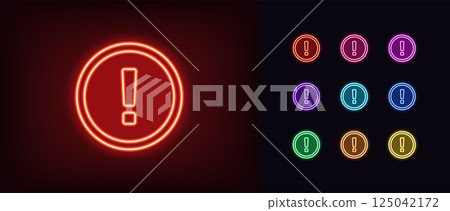 Outline neon exclamation sign set. Glowing neon warning icon with exclamation mark, round caution sign. Risk attention icon, error caution, alarm, important message, danger alert sign. Vector icons 125042172