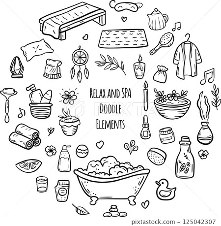 Bathroom Doodle Items arranged in a Fun, Engaging Way. SPA and Realax, Selfcare 125042307