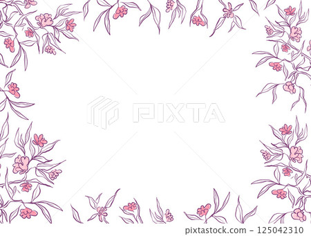 Hand drawn Cherry blossom frame. Beautiful Japanese Sakura in doodle style. Spring flower background. Vector outline illustration. Hand drawn Cherry blossom frame. Beautiful Japanese Sakura in doodle style. Spring flower background. Vector outline illustration. 125042310