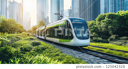 A sleek white monorail glides above a lush green canopy with a modern city skyline in the background, bathed in golden sunlight. 125042328