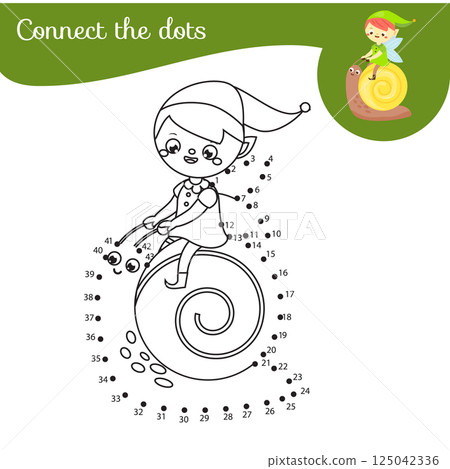 Cute garden fairy elf on snail. Connect the dots Children educational game. Dot to dot by numbers activity for kids and toddlers. 125042336