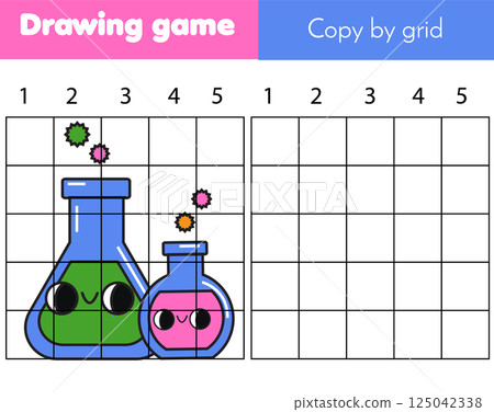 Draw laboratory flask. Grid copy worksheet. educational children game. Printable drawing activity for toddlers and kids. Draw laboratory flask. Grid copy worksheet. educational children game. Printable drawing activity for toddlers and kids. 125042338