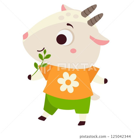 Cute happy goat. Cartoon animal character for kids and children Cute happy goat. Cartoon animal character for kids and children 125042344