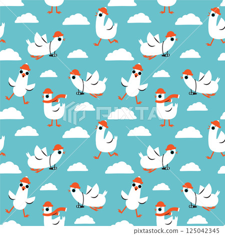 Seamless pattern with cartoon white goose birds. Background with funny seagulls in blue sky Seamless pattern with cartoon white goose birds. Background with funny seagulls in blue sky 125042345