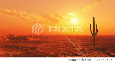 A lone saguaro cactus standing tall in the middle of a vast desert landscape at sunset, surrounded by warm golden hues and a serene, tranquil atmosphere. 125042396