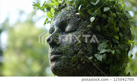 Man face sculpture covered in green grass and plants 125042709