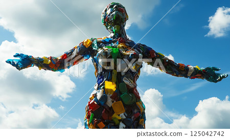 Man face sculpture covered in green grass and plants 125042742