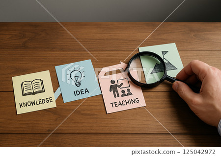 Knowledge to Teaching Process Illustrated with Sticky Notes Showing Book Light Bulb and Class Icons with Magnifying Glass 125042972
