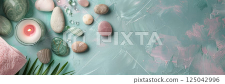horizontal banner, spa treatment set, beauty, cosmetology and body care concept, light marble blue background, pink, top view, copy space, free space for text 125042996