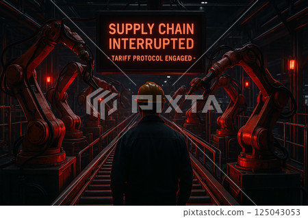 Industrial assembly line shutdown due to trade tariffs, symbolizing global supply chain disruption during commercial conflict between world powers 125043053