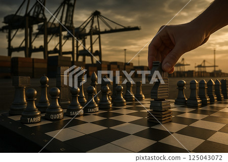 Economic sanctions and tariff strategies represented as a chess game in a global trade port, symbolizing strategic financial moves Economic sanctions and tariff strategies represented as a chess game in a global trade port, symbolizing strategic financial moves 125043072