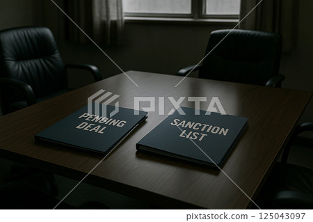 Pending deal and sanction list folders on negotiation table in dimly lit room symbolizing uncertain international agreement 125043097