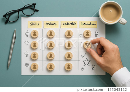 Employee evaluation board with categories Skills, Values, Leadership, and Innovation, hand placing winning trophy token, symbolizing recognition and talent Employee evaluation board with categories Skills, Values, Leadership, and Innovation, hand placing winning trophy token, symbolizing recognition and talent 125043112