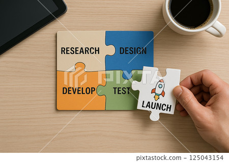 Colorful puzzle pieces illustrating the product development stages: research, design, development, testing and launch with rocket icon. 125043154