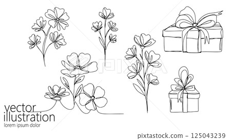 Continuous line drawing flowers gifts. Presents include bows ribbons. Suitable cards invitations packaging design. Minimalist art black outline white background Continuous line drawing flowers gifts. Presents include bows ribbons. Suitable cards invitations packaging design. Minimalist art black outline white background 125043239