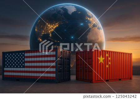 USA and China trade containers under digital globe representing global logistics, commercial tension and economic disputes between major powers 125043242