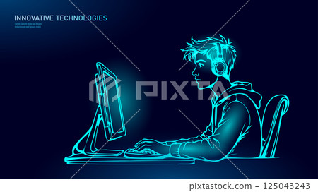 Boy uses computer headphones. He sits focused typing coding. Suitable web development education games. Isolated sketch monochrome vector illustration Boy uses computer headphones. He sits focused typing coding. Suitable web development education games. Isolated sketch monochrome vector illustration 125043243