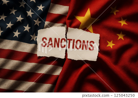 SANCTIONS headline torn between USA and China flags symbolizing political and economic pressure amid global commercial conflicts and trade restrictions 125043250