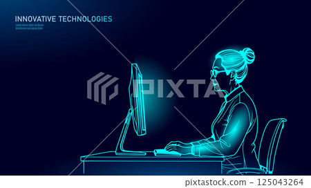 Eldery woman works at computer. Adult person with glasses and blouse. Poster business education coding testing gaming. Side view white background vector illustration. 125043264