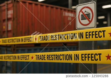 Trade restriction tape blocking access to shipping area, with cargo container in background, symbolizing global import limits and economic sanctions 125043266