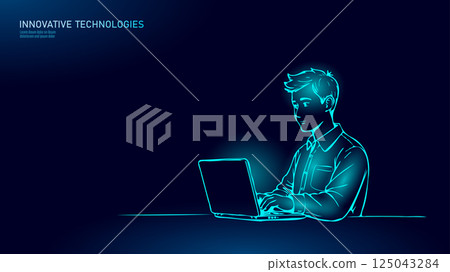Man works laptop office. Coffee mobile phone table. Business education online freelance. Simple line side view white vector illustration 125043284