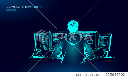 Developer works computers. Back view programmer coding. IT business software development. Black lines drawing white vector illustration Developer works computers. Back view programmer coding. IT business software development. Black lines drawing white vector illustration 125043302