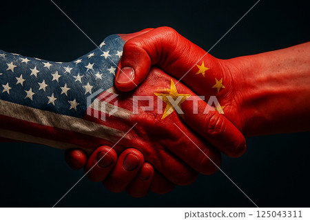 Handshake between US and China symbolizing diplomacy and international agreement, with flags painted on hands against a dark background Handshake between US and China symbolizing diplomacy and international agreement, with flags painted on hands against a dark background 125043311