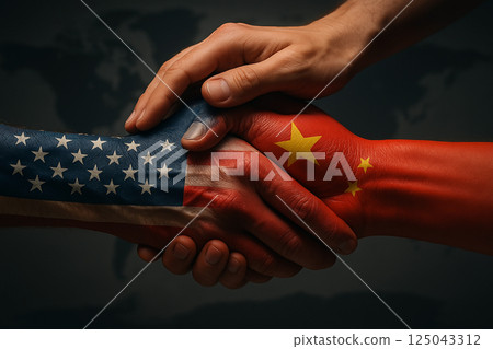 Symbolic handshake between US and China, overseen by a third hand, representing negotiation, international control and mediation in global affairs 125043312