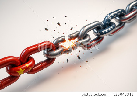 Metal chain links painted with US and China flags breaking apart with explosion in the middle, symbolizing global trade war and economic separation Metal chain links painted with US and China flags breaking apart with explosion in the middle, symbolizing global trade war and economic separation 125043315