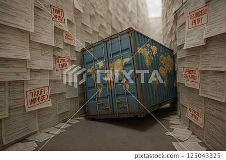 Global shipping container stuck between trade documents with red stamped restrictions symbolizing tariff barriers and restricted international entry 125043325