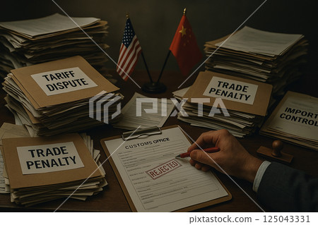 Rejected customs declaration surrounded by trade penalty and tariff dispute files with US and China flags in an office setting 125043331