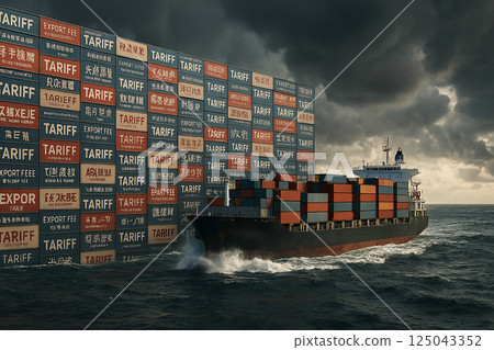 Cargo ship approaches an enormous wall made of shipping containers labeled with 'Tariff' and 'Export Fee' in multiple languages, under stormy skies 125043352