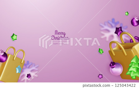 Christmas holiday background. Christmas greeting banner with snowflakes and gift boxes ornaments and 3d decoration elements. For holiday headers, banners, party posters Christmas holiday background. Christmas greeting banner with snowflakes and gift boxes ornaments and 3d decoration elements. For holiday headers, banners, party posters 125043422