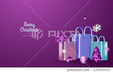 Christmas and New Year Sale. Bright realistic 3d holiday object design, shopping bag, gift box. Promo sale, advertising banner, web poster. vector illustration 125043425