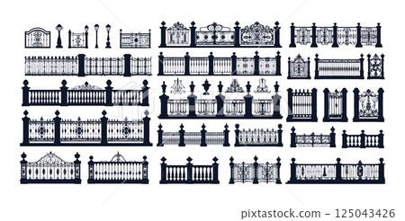 Fences black silhouettes. Metal classical ornamental gates and steel decorative barriers with floral motifs, for parks mansions balcony terrace and castles, exterior outdoor decor isolated elements 125043426