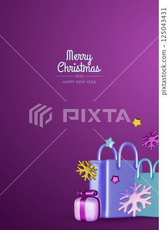 Happy New Year and Merry Christmas. Christmas holiday background with realistic 3d objects, bauble balls, conical metal stars. Levitation falling design composition. 125043431