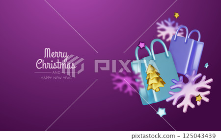 Happy New Year and Merry Christmas. Christmas holiday background with realistic 3d objects, bauble balls, conical metal stars. Levitation falling design composition. 125043439