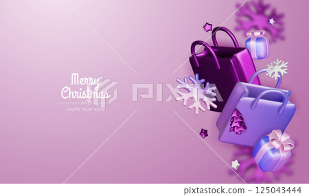 Christmas and New Year Sale. Bright realistic 3d holiday object design, shopping bag, gift box. Promo sale, advertising banner, web poster. vector illustration 125043444