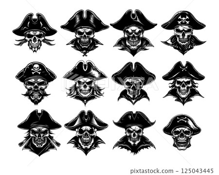 Engraving pirate skull wearing hat. Human bone dead head jolly roger, corsair cranium rogue privateer avatar, maritime outlaw freebooter raider, isolated illustration on white backdrop 125043445
